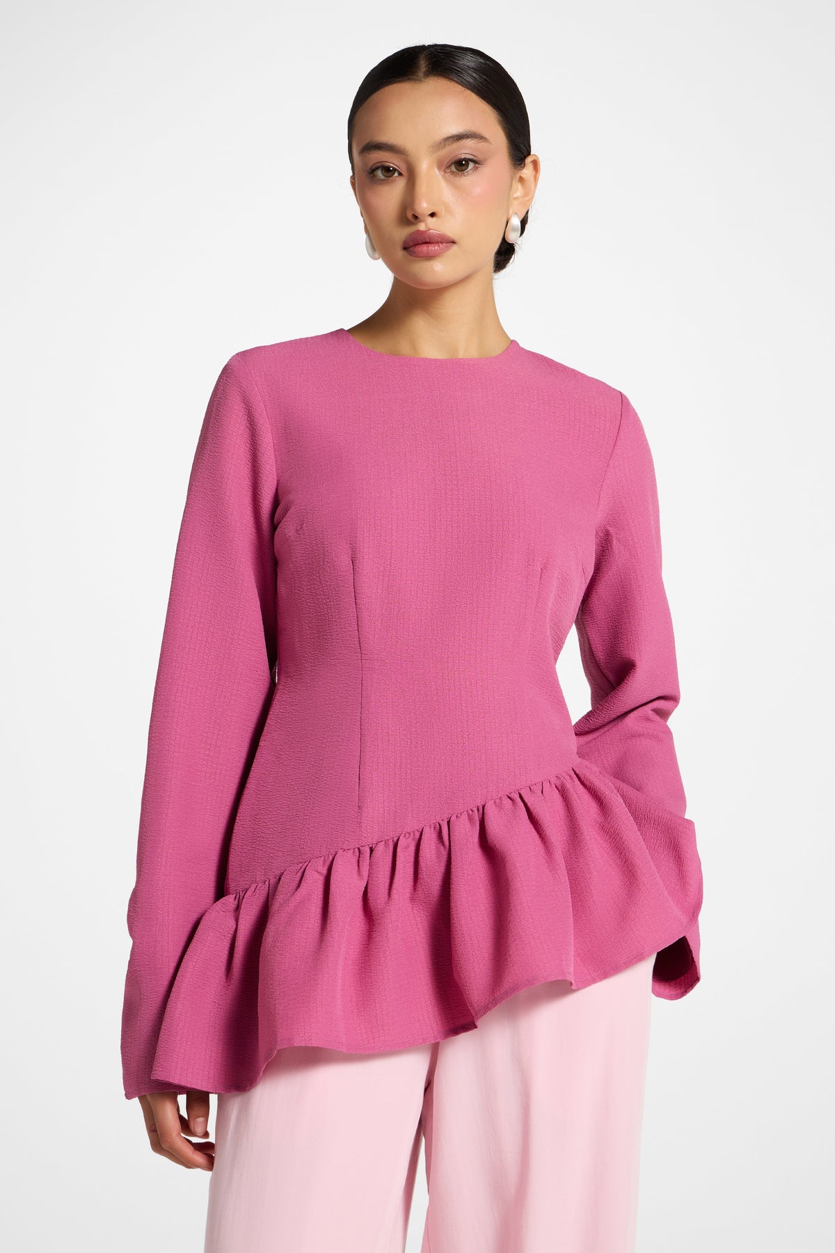 Asymmetric Textured Ruffle Top - Vintage Rose
