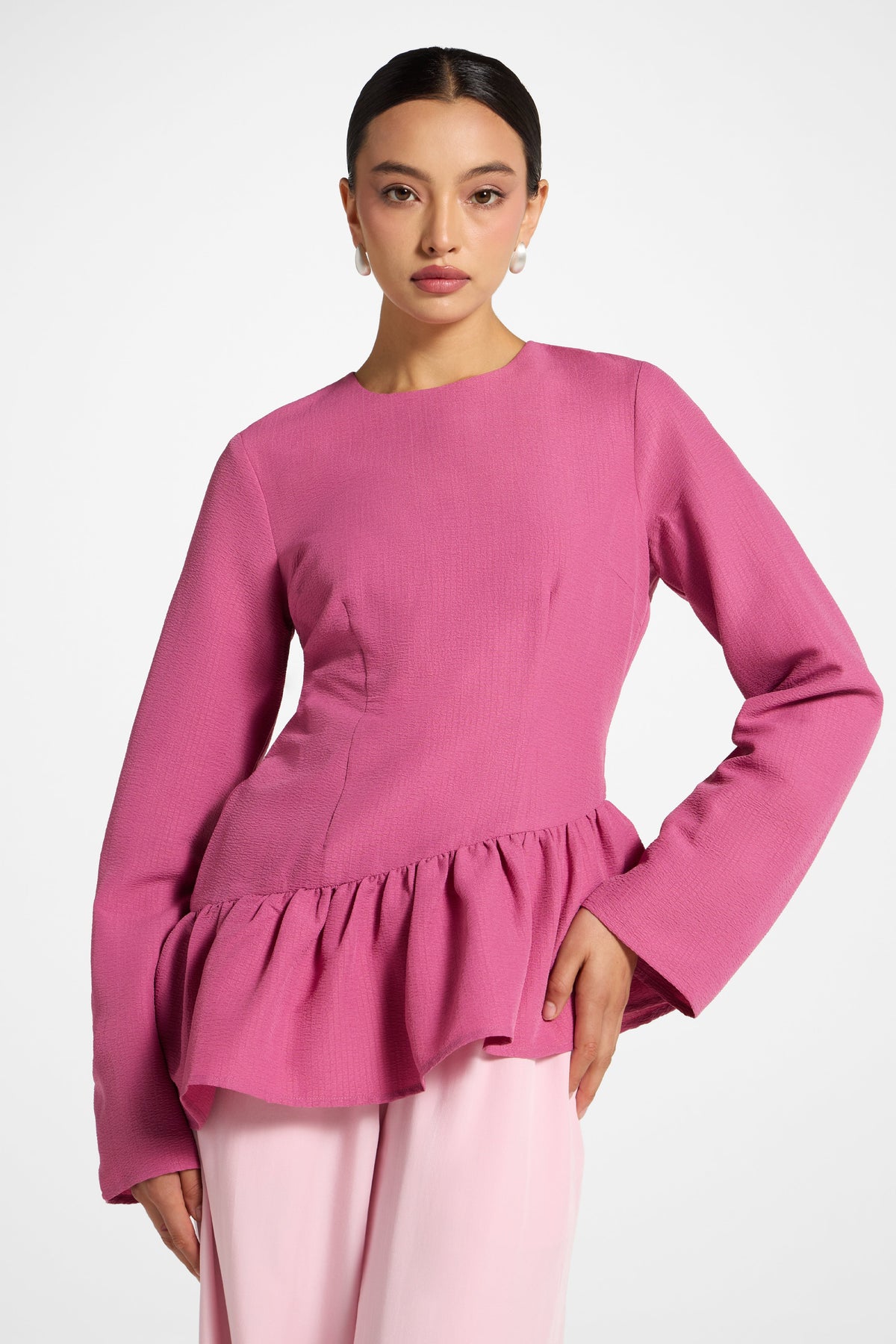 Asymmetric Textured Ruffle Top - Vintage Rose
