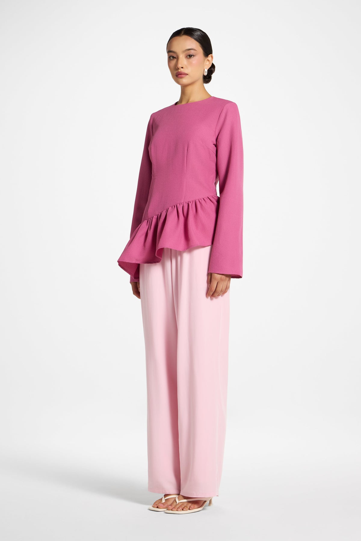 Asymmetric Textured Ruffle Top - Vintage Rose
