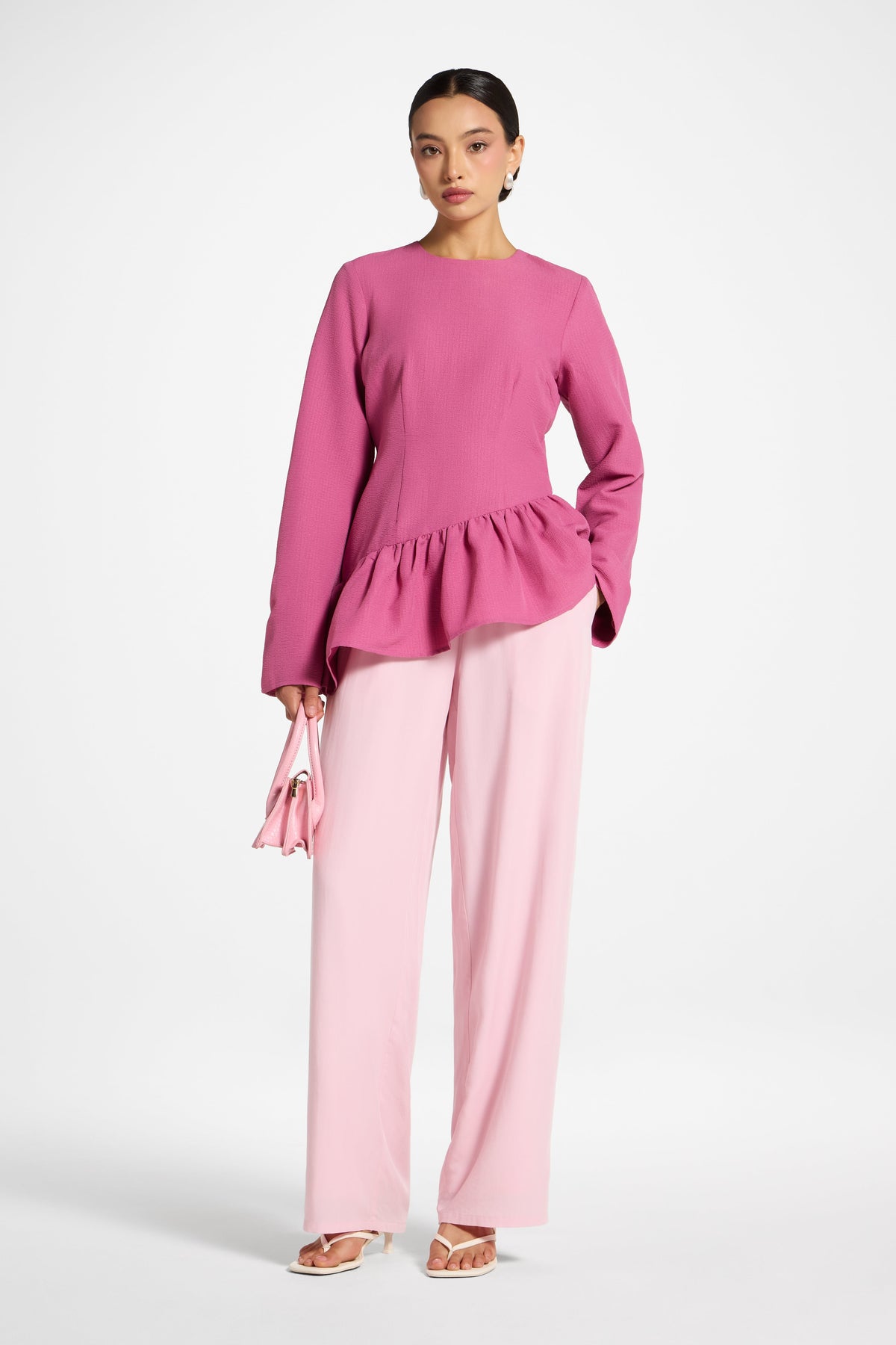 Asymmetric Textured Ruffle Top - Vintage Rose