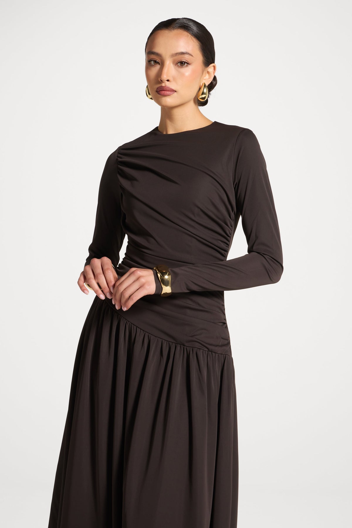 Asymmetrical Waist Rouched Maxi Dress - Chocolate