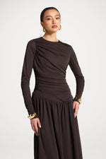 Asymmetrical Waist Rouched Maxi Dress - Chocolate