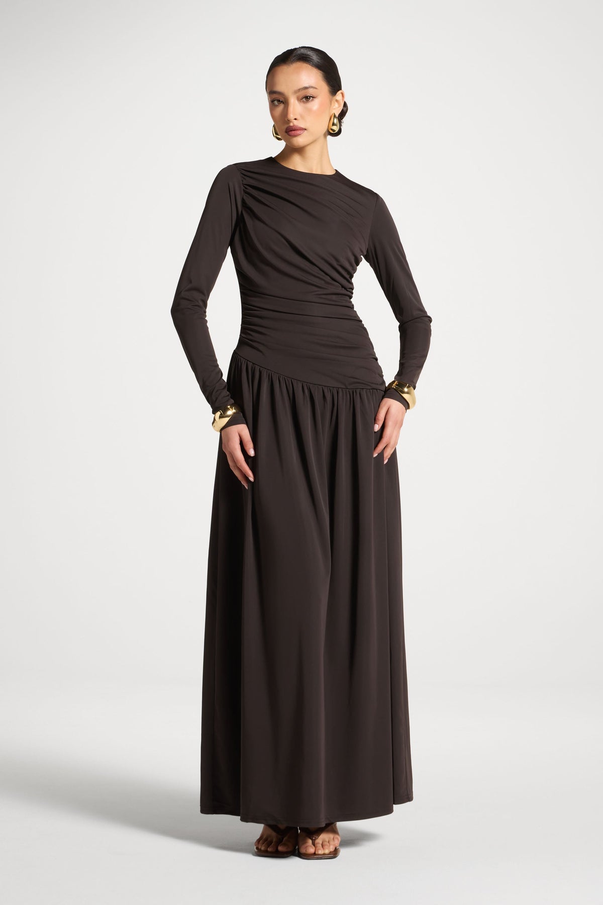Asymmetrical Waist Rouched Maxi Dress - Chocolate