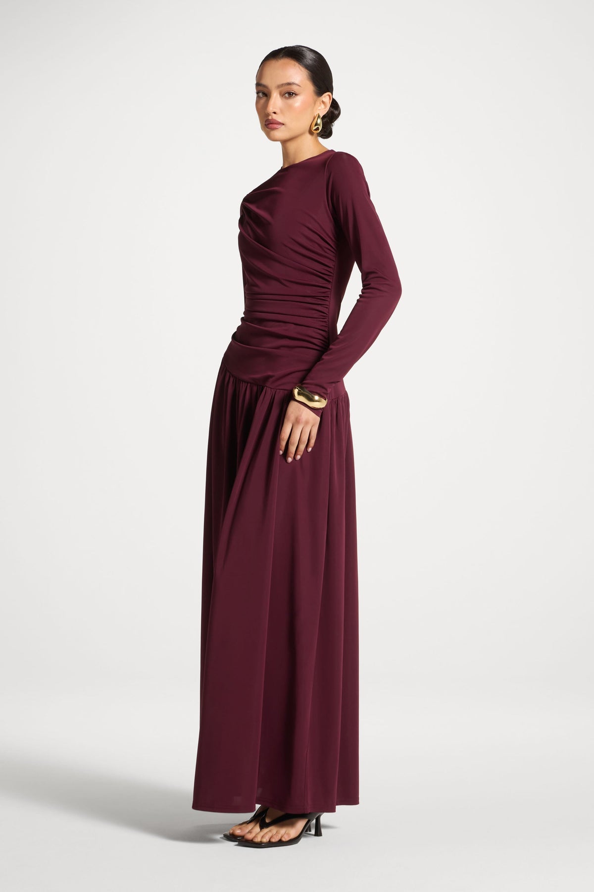 Asymmetrical Waist Rouched Maxi Dress - Fig