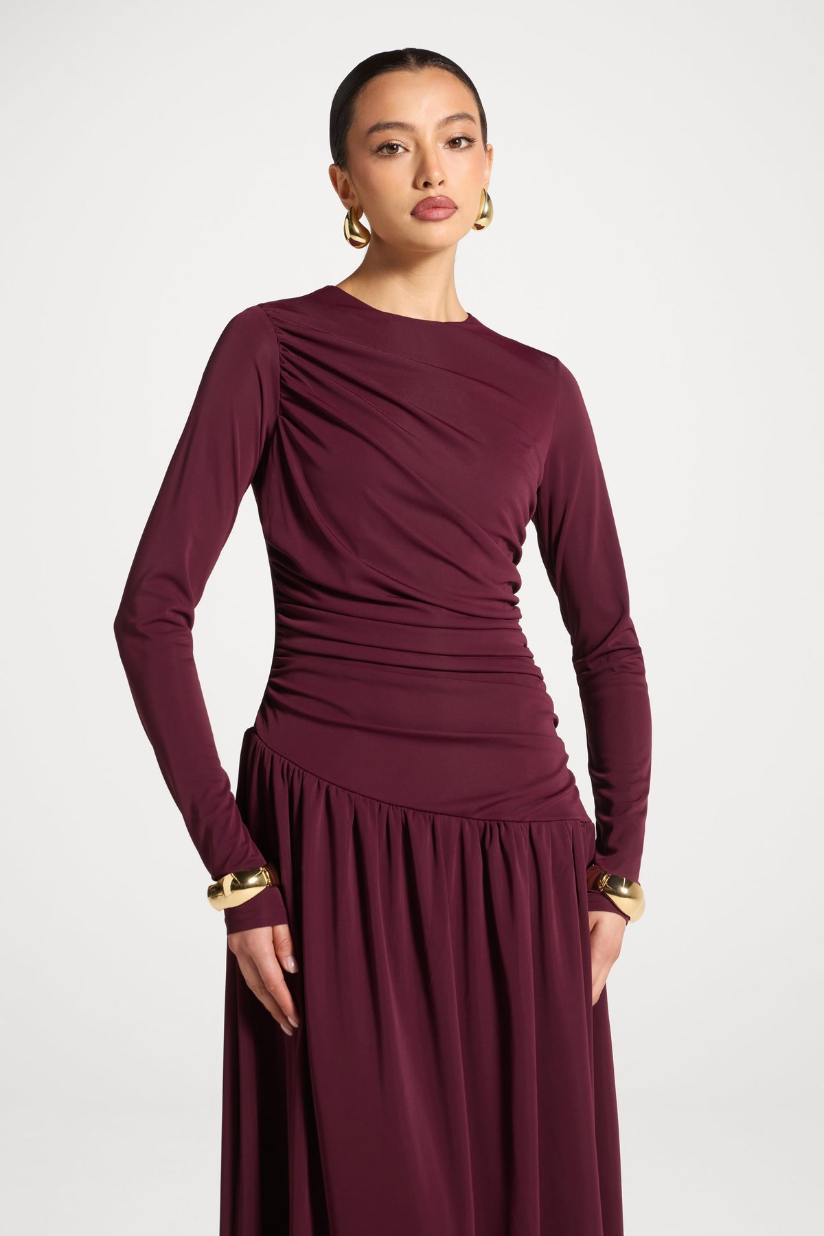 Asymmetrical Waist Rouched Maxi Dress - Fig