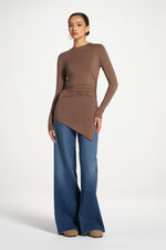Asymmetric Rouched Bamboo Top - Chocolate