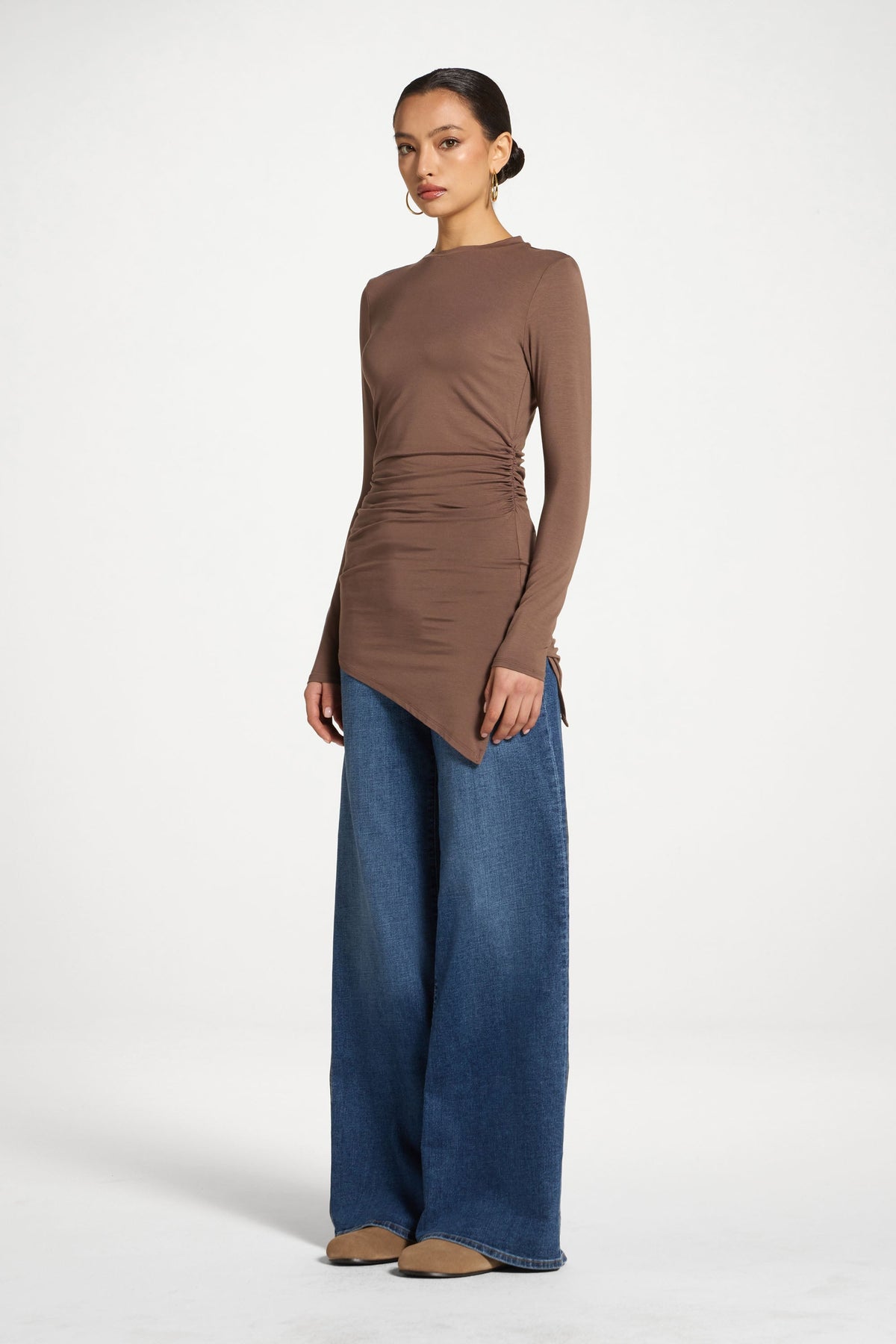 Asymmetric Rouched Bamboo Top - Chocolate
