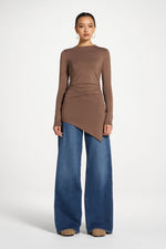 Asymmetric Rouched Bamboo Top - Chocolate