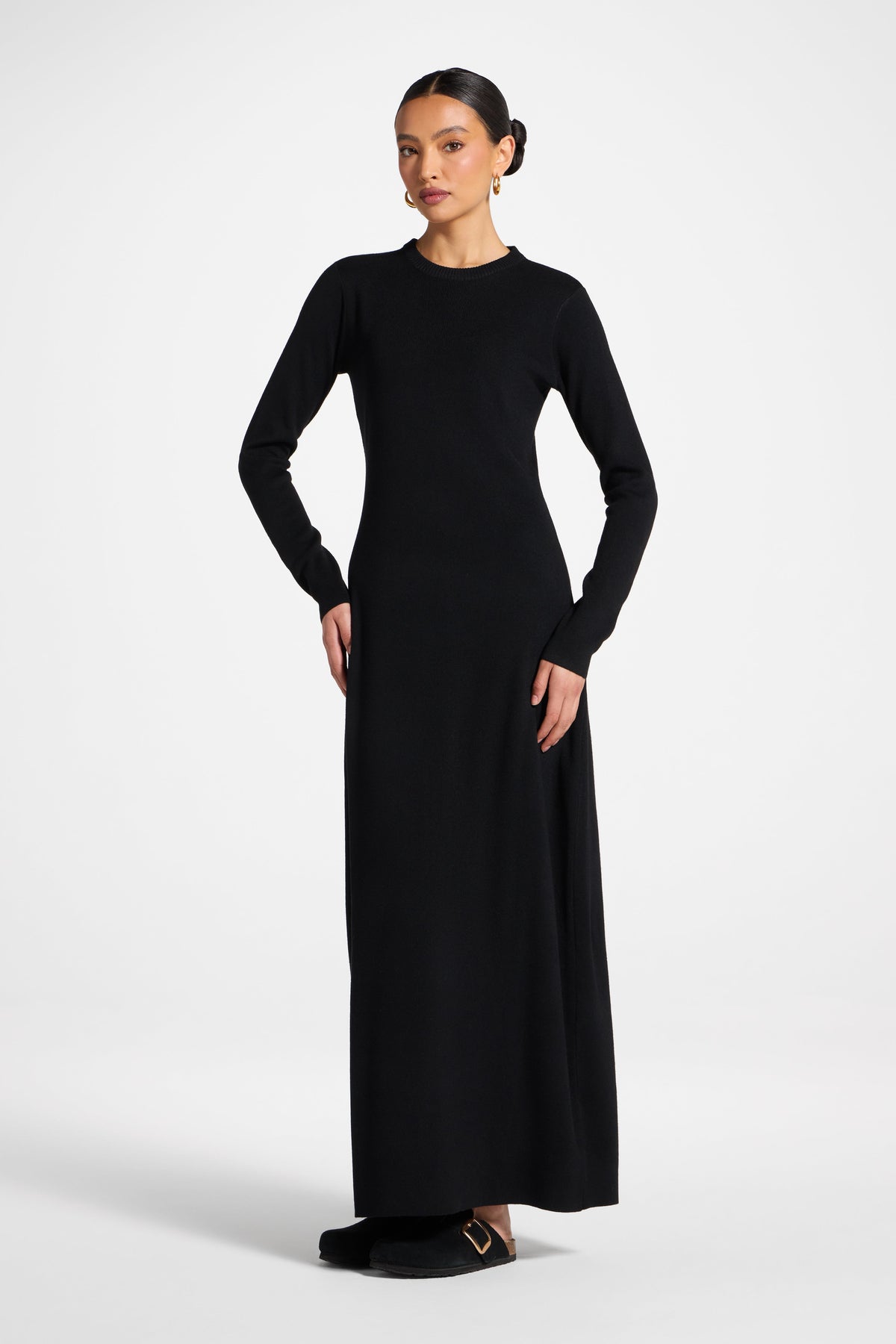 Basic Ribbed Knit Maxi Dress - Black