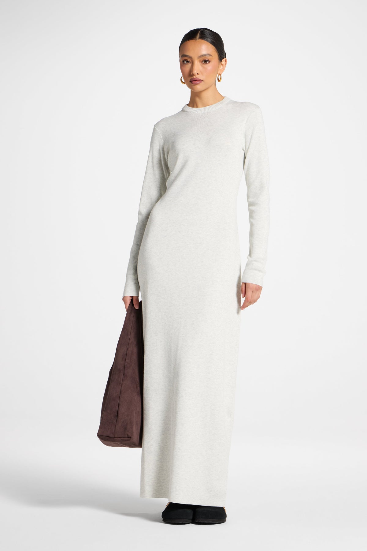 Basic Ribbed Knit Maxi Dress - Heather Grey