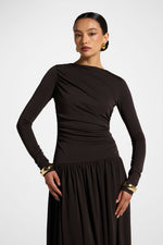 Boat Neck Rouched Maxi Dress - Chocolate Torte