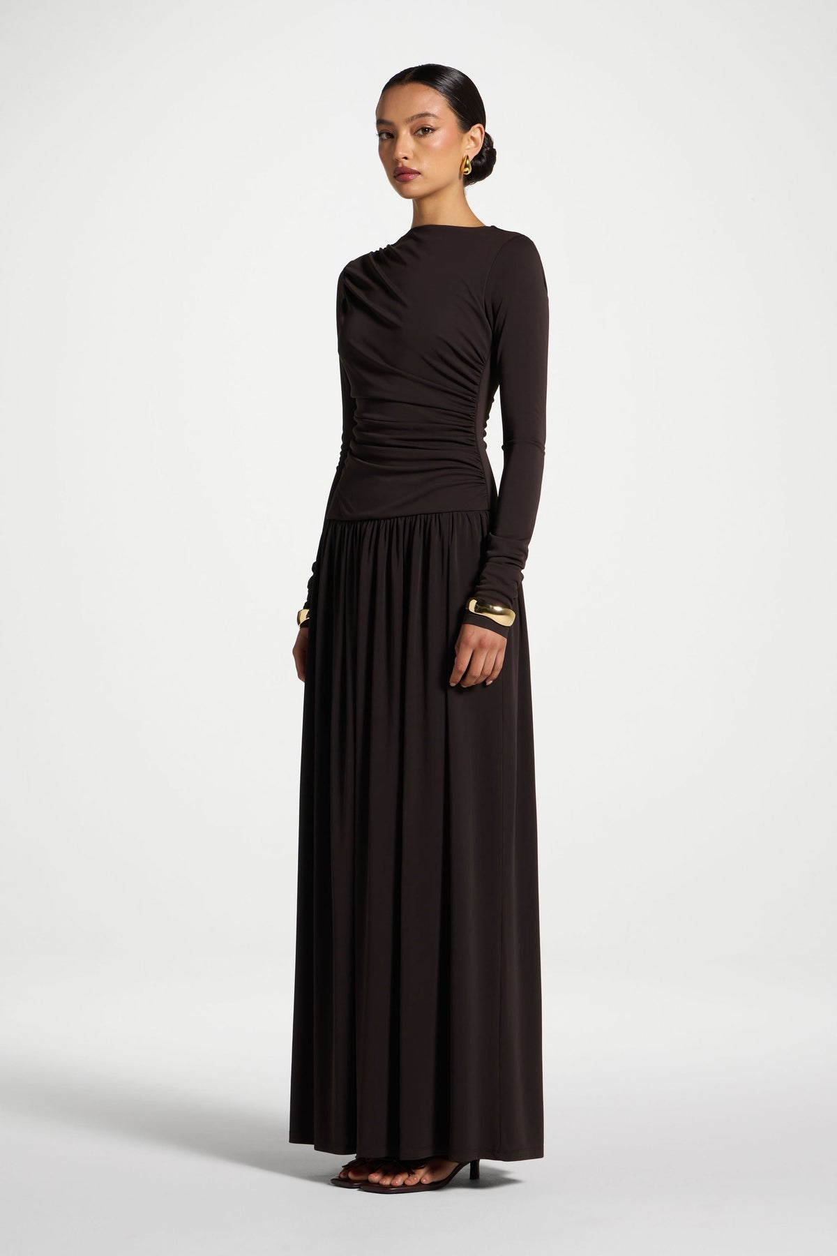 Boat Neck Rouched Maxi Dress - Chocolate Torte