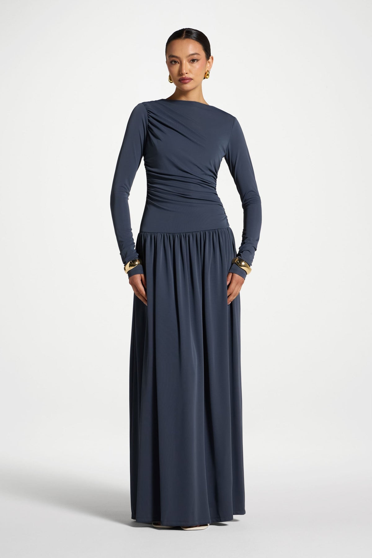 Boat Neck Rouched Maxi Dress - Dusk