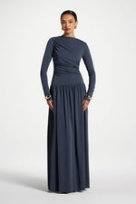 Boat Neck Rouched Maxi Dress - Dusk