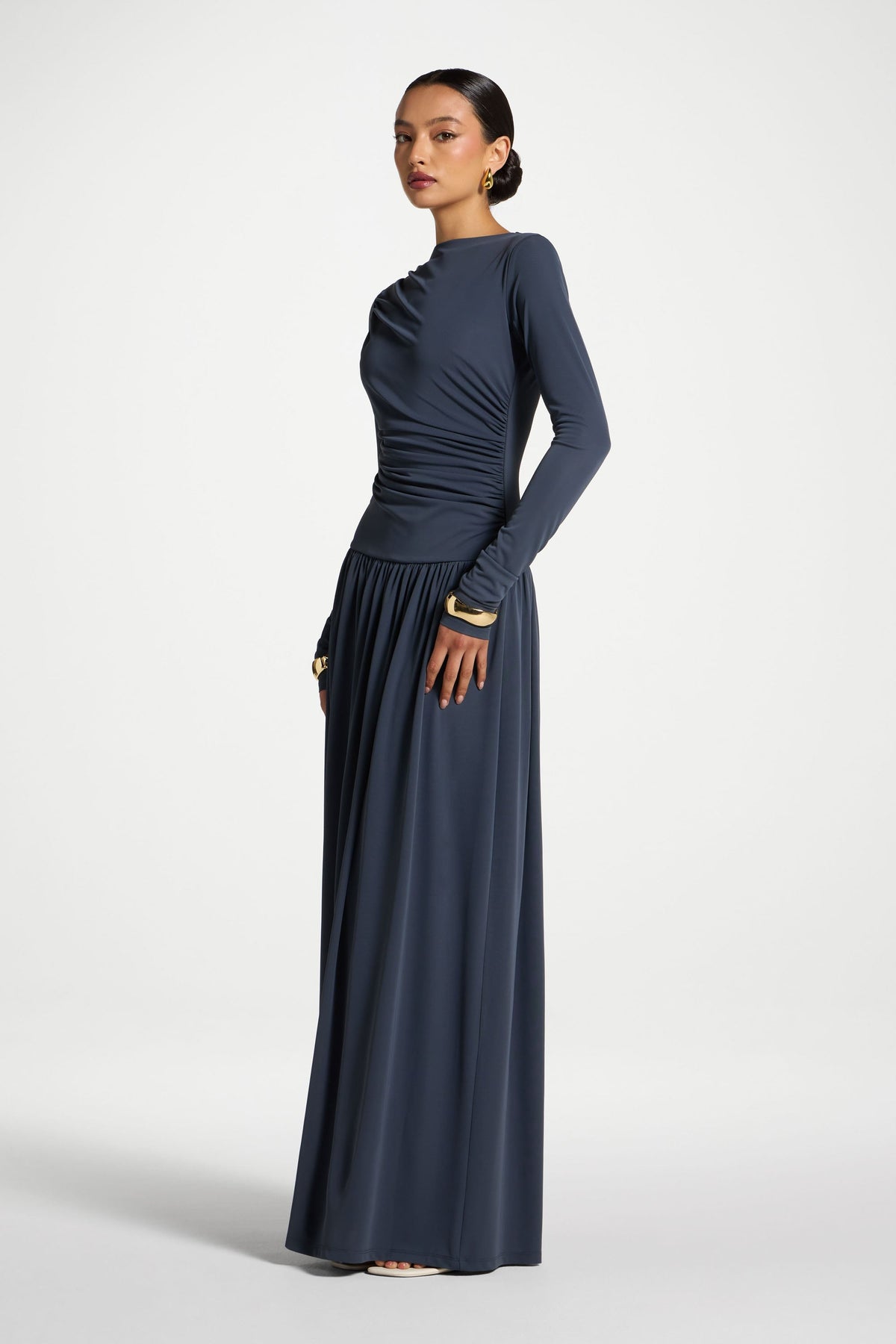 Boat Neck Rouched Maxi Dress - Dusk