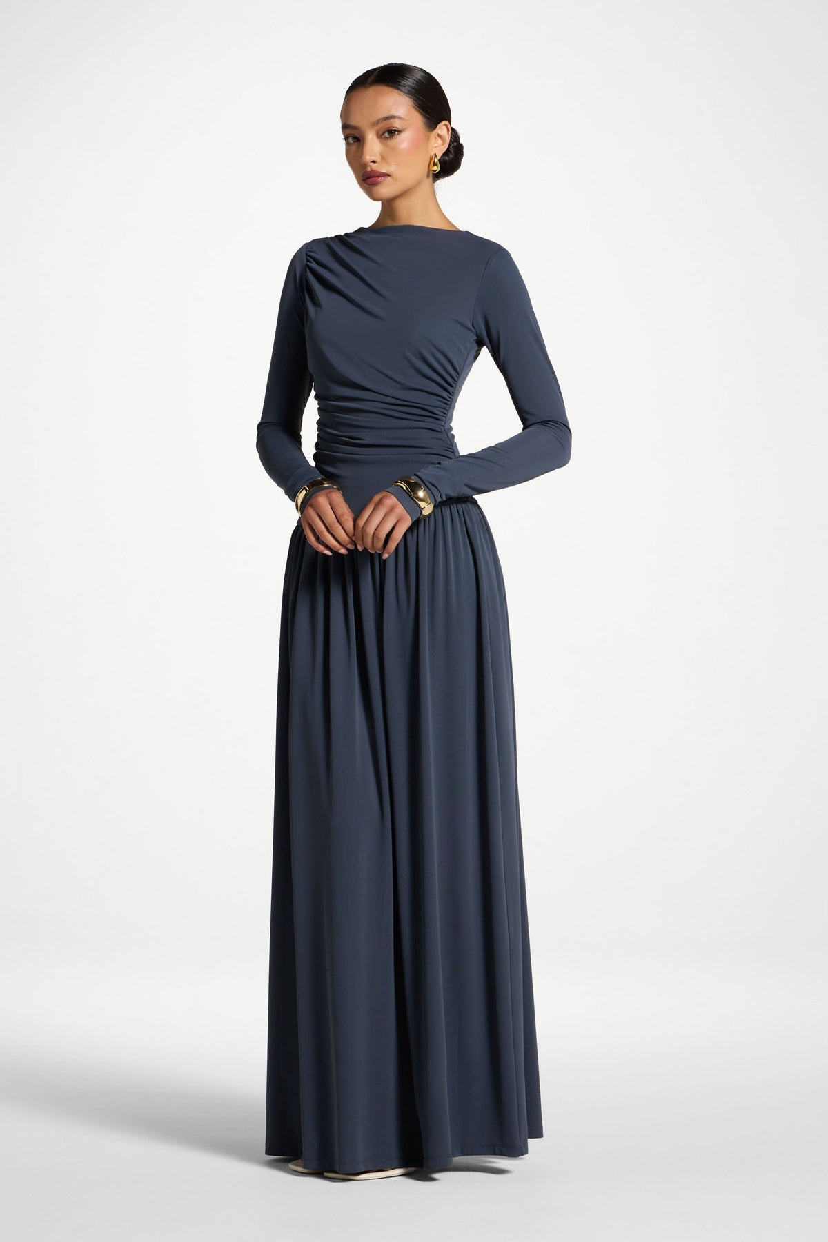 Boat Neck Rouched Maxi Dress - Dusk
