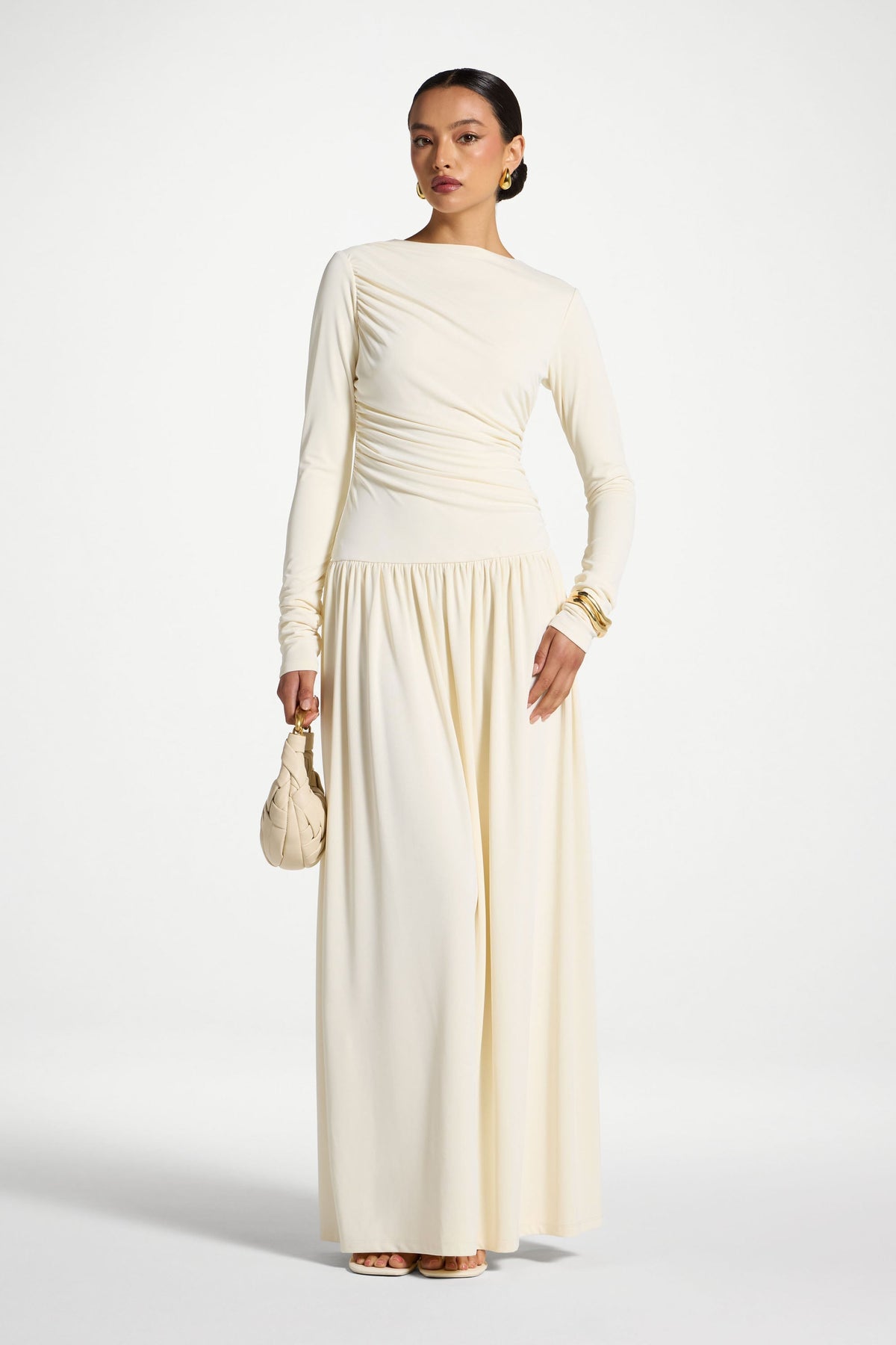 Boat Neck Rouched Maxi Dress - Ivory