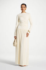 Boat Neck Rouched Maxi Dress - Ivory