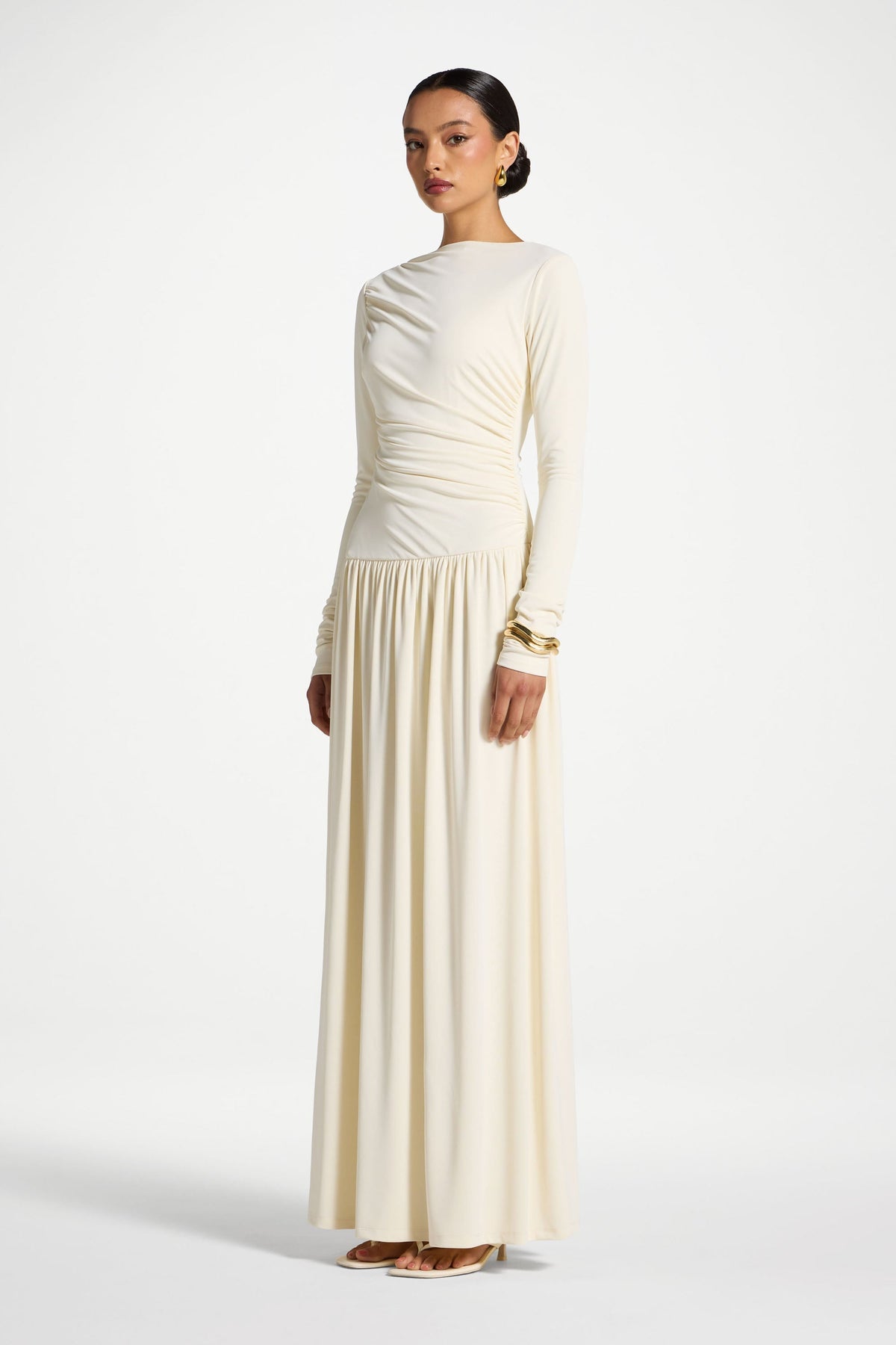 Boat Neck Rouched Maxi Dress - Ivory