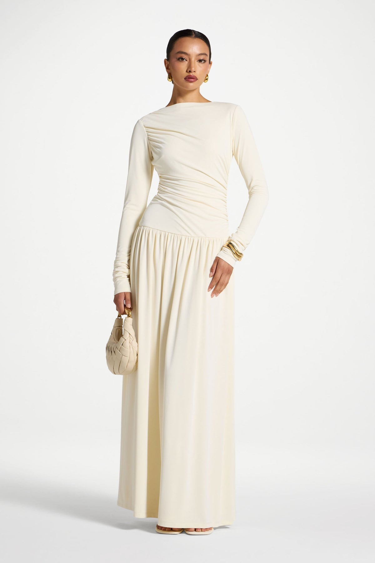 Boat Neck Rouched Maxi Dress - Ivory