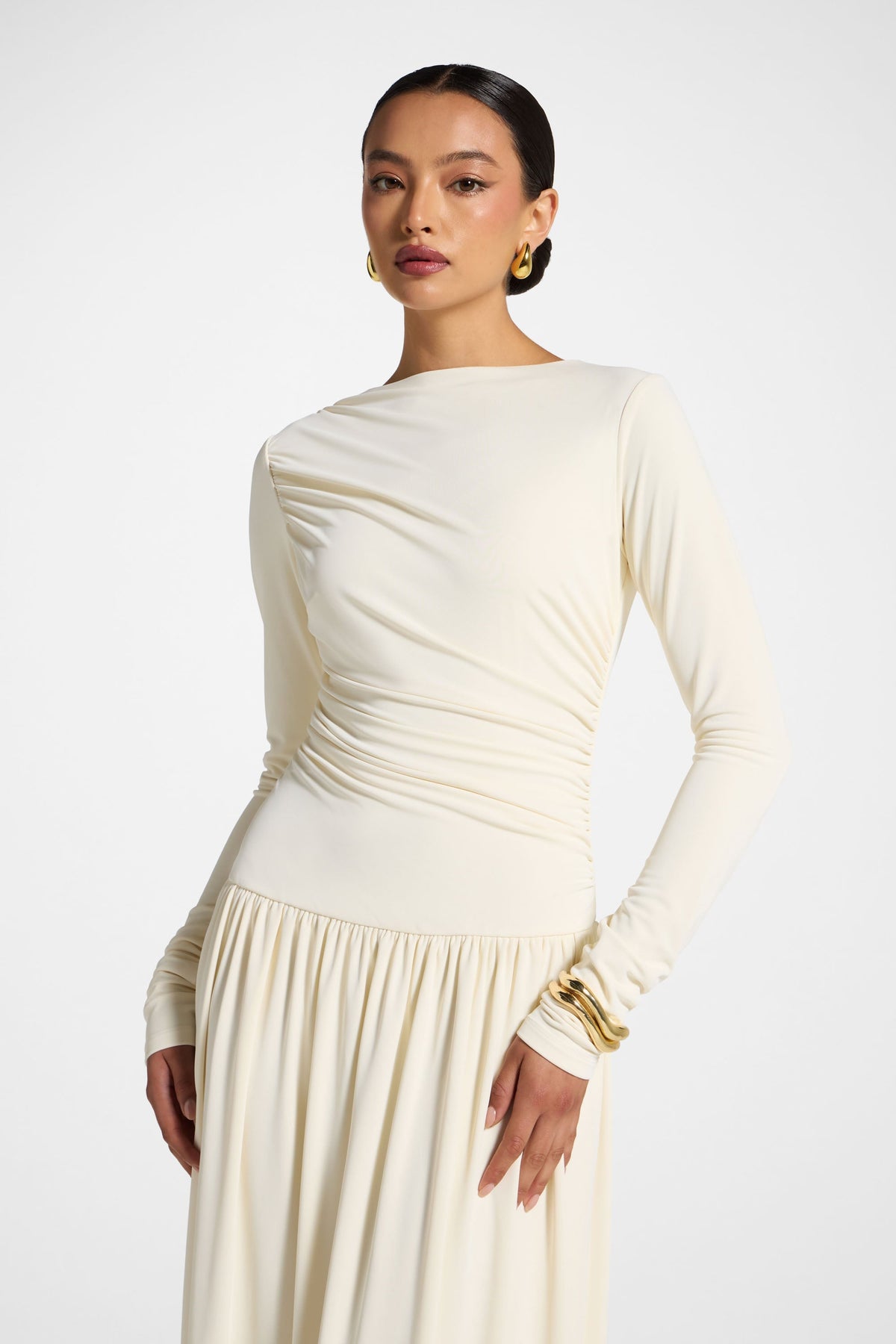 Boat Neck Rouched Maxi Dress - Ivory