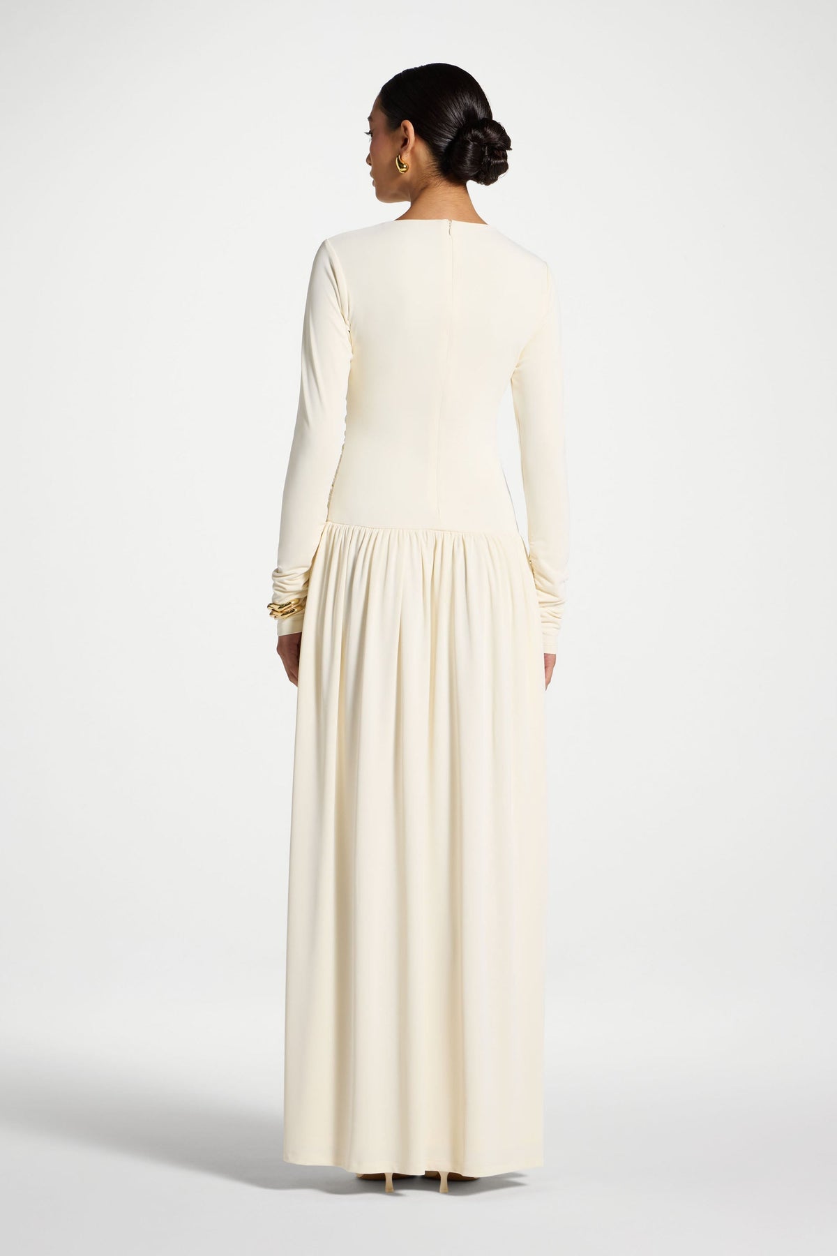 Boat Neck Rouched Maxi Dress - Ivory