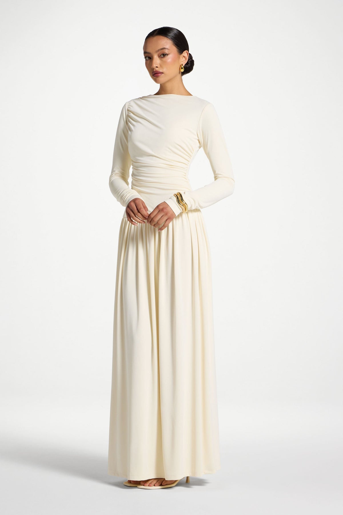 Boat Neck Rouched Maxi Dress - Ivory