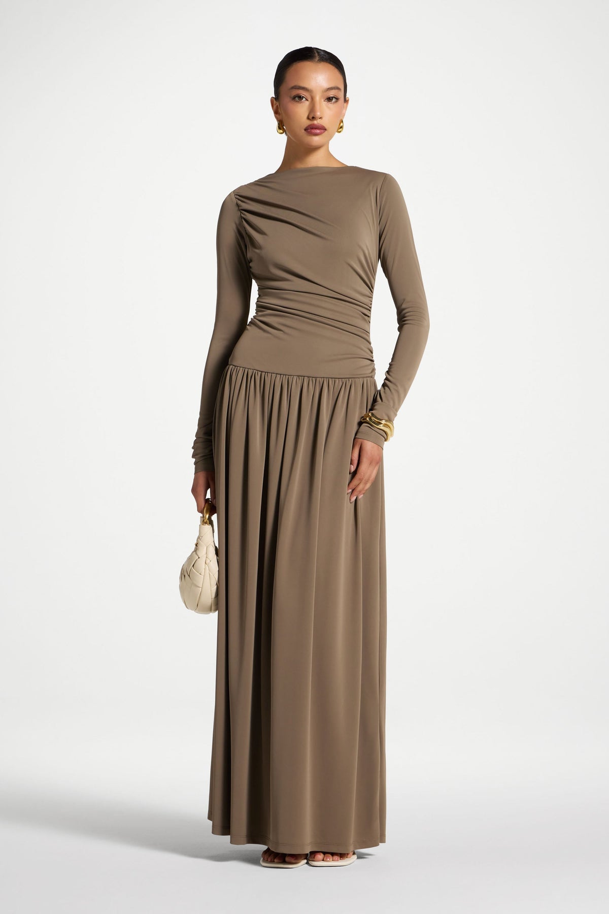 Boat Neck Rouched Maxi Dress - Vetiver