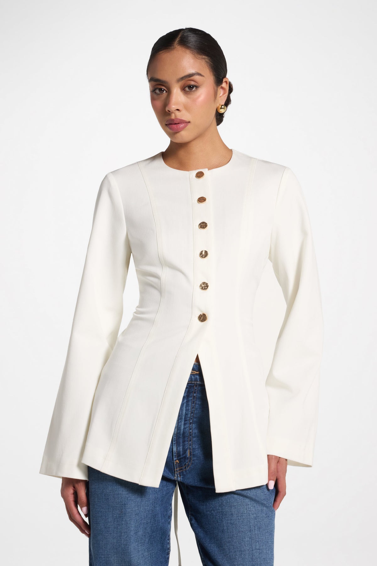 Button Up Cinch Top - White