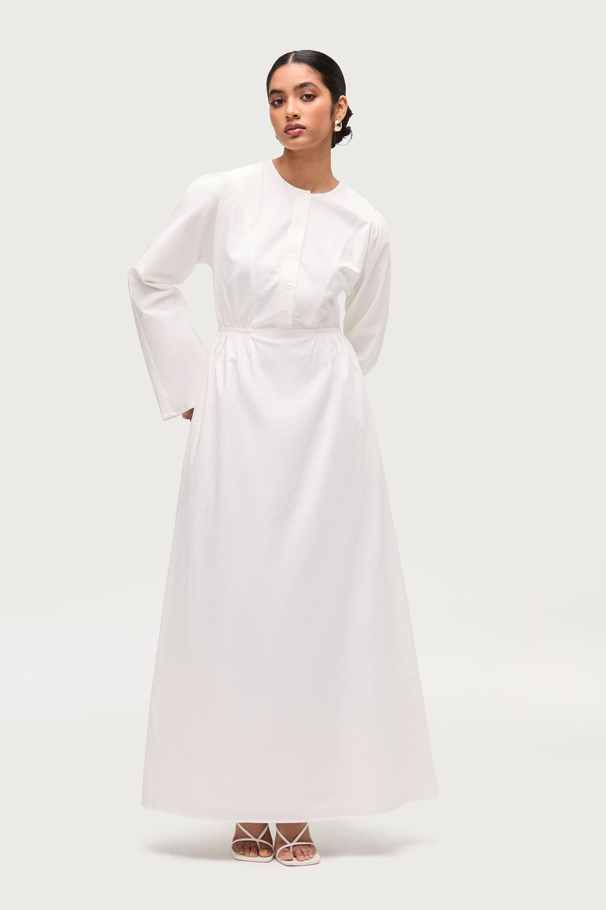 Cotton Blend Button Front Maxi Dress - White