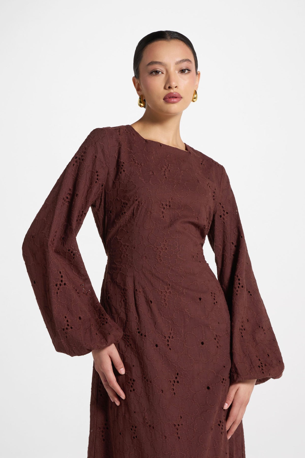 Cotton Eyelet Maxi Dress - Brown