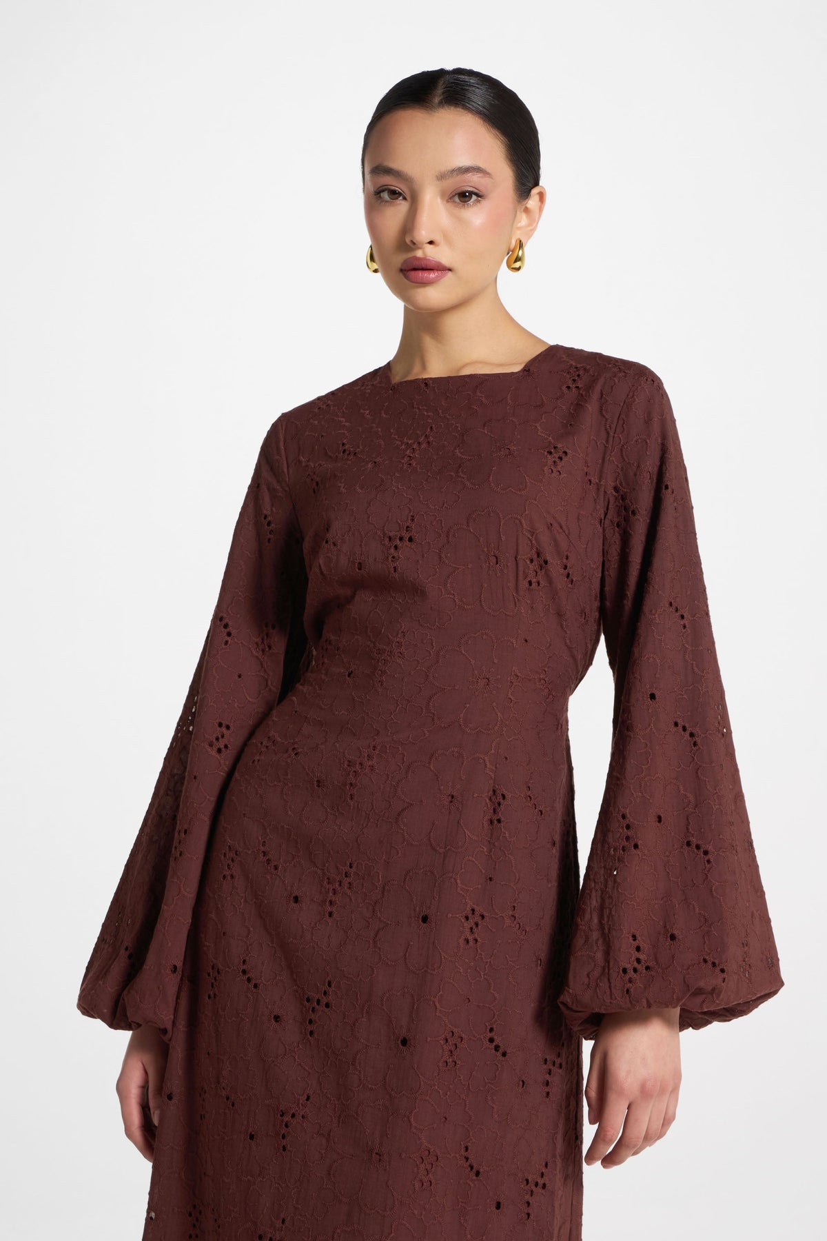 Cotton Eyelet Maxi Dress - Brown