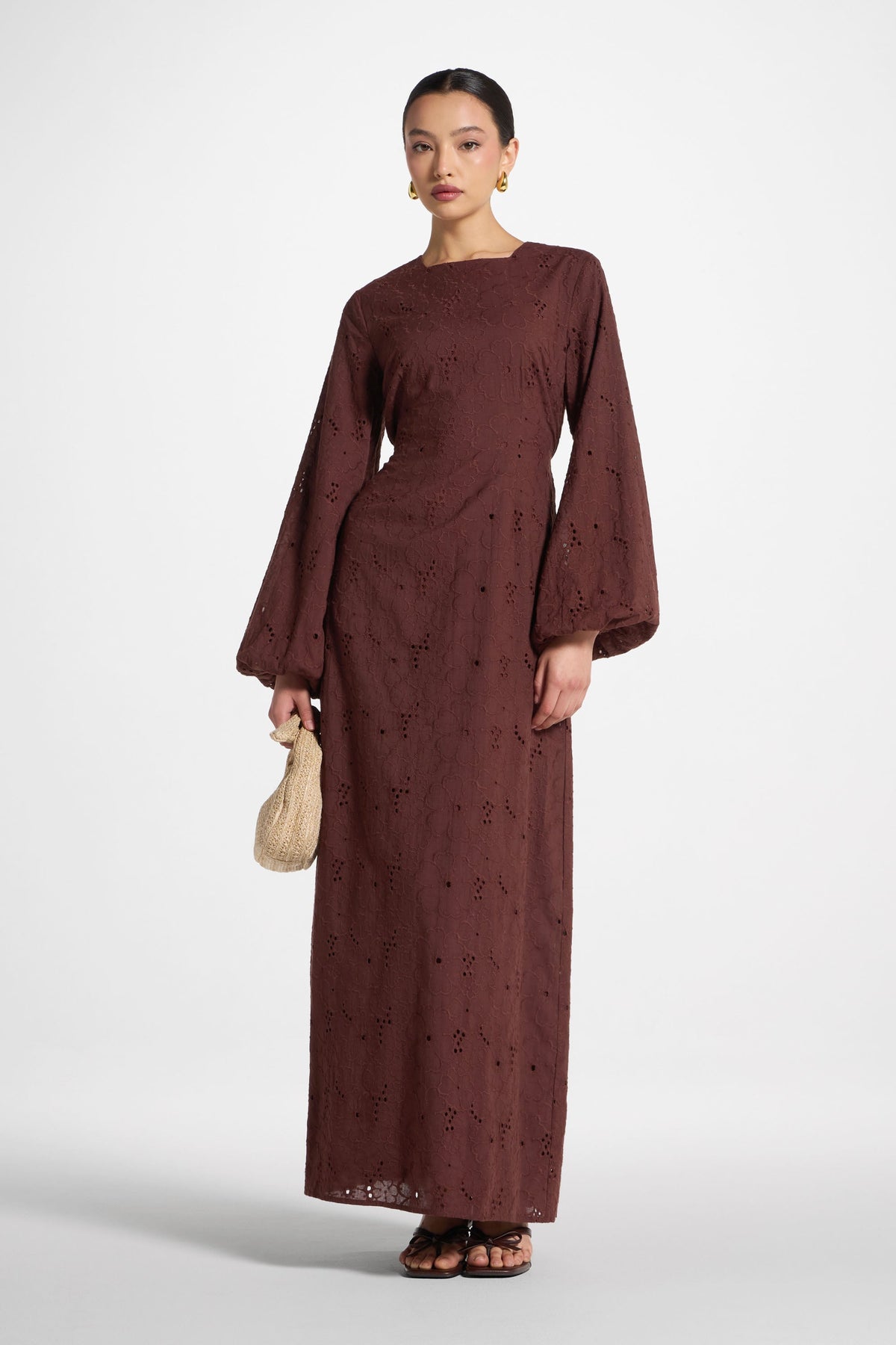 Cotton Eyelet Maxi Dress - Brown