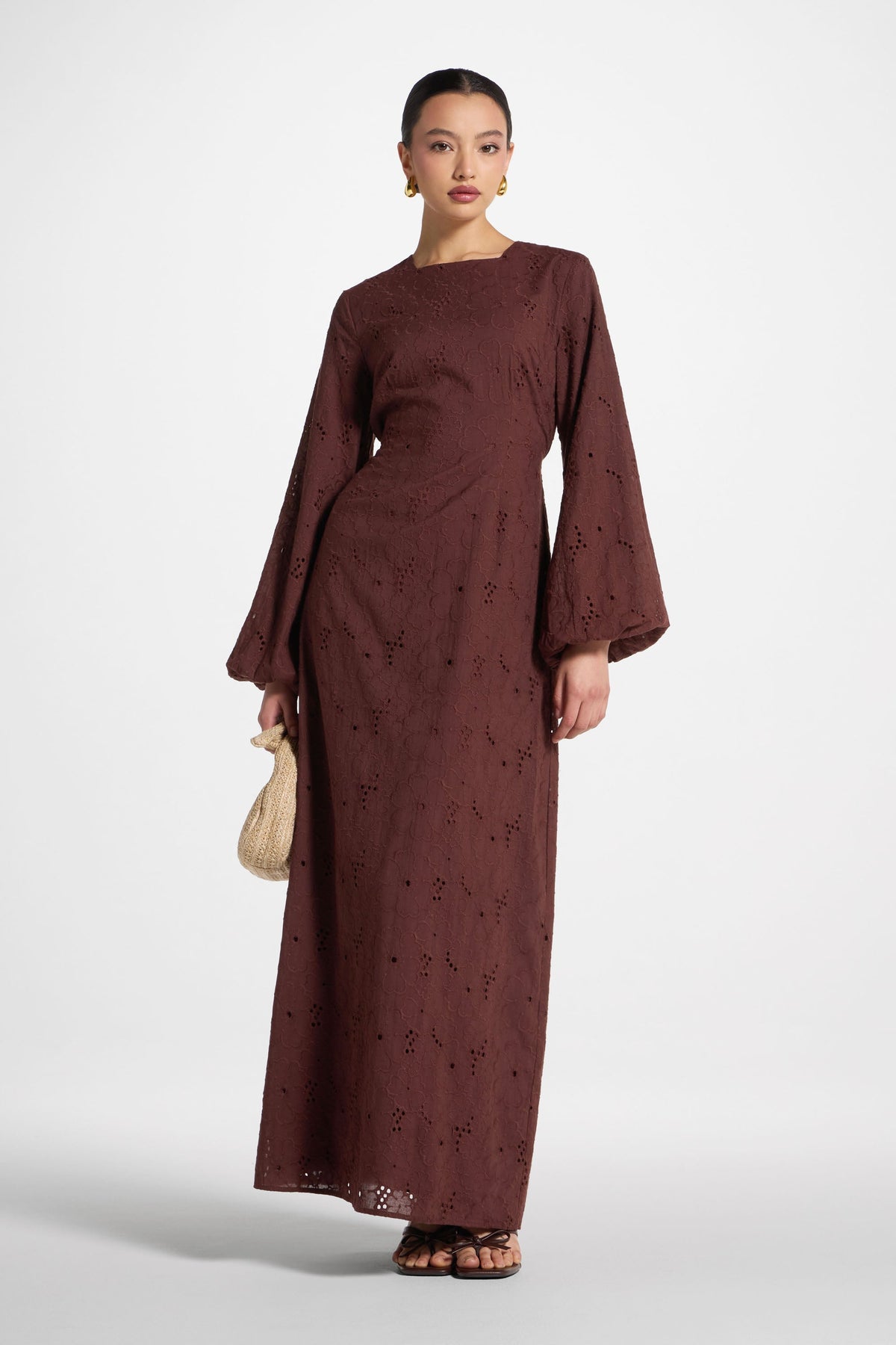 Cotton Eyelet Maxi Dress - Brown