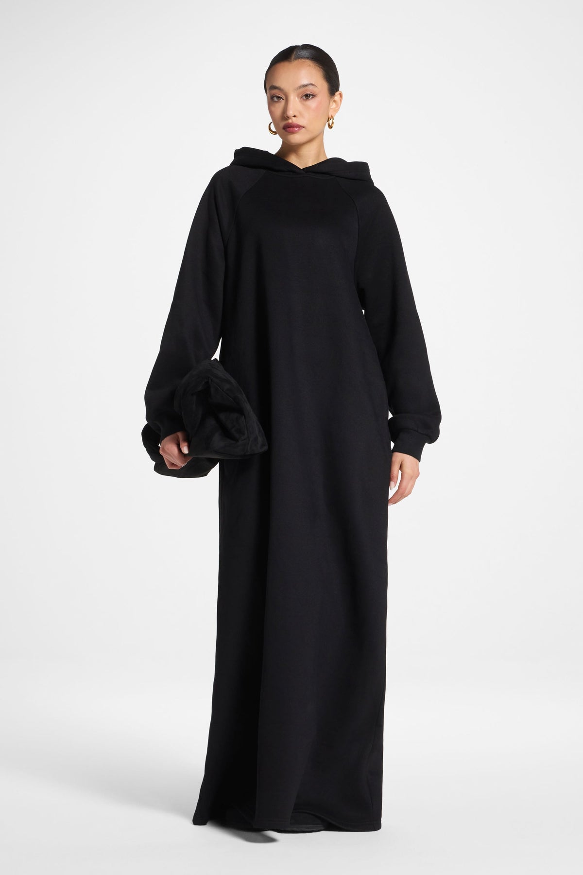 Cotton Hoodie Maxi Dress - Black