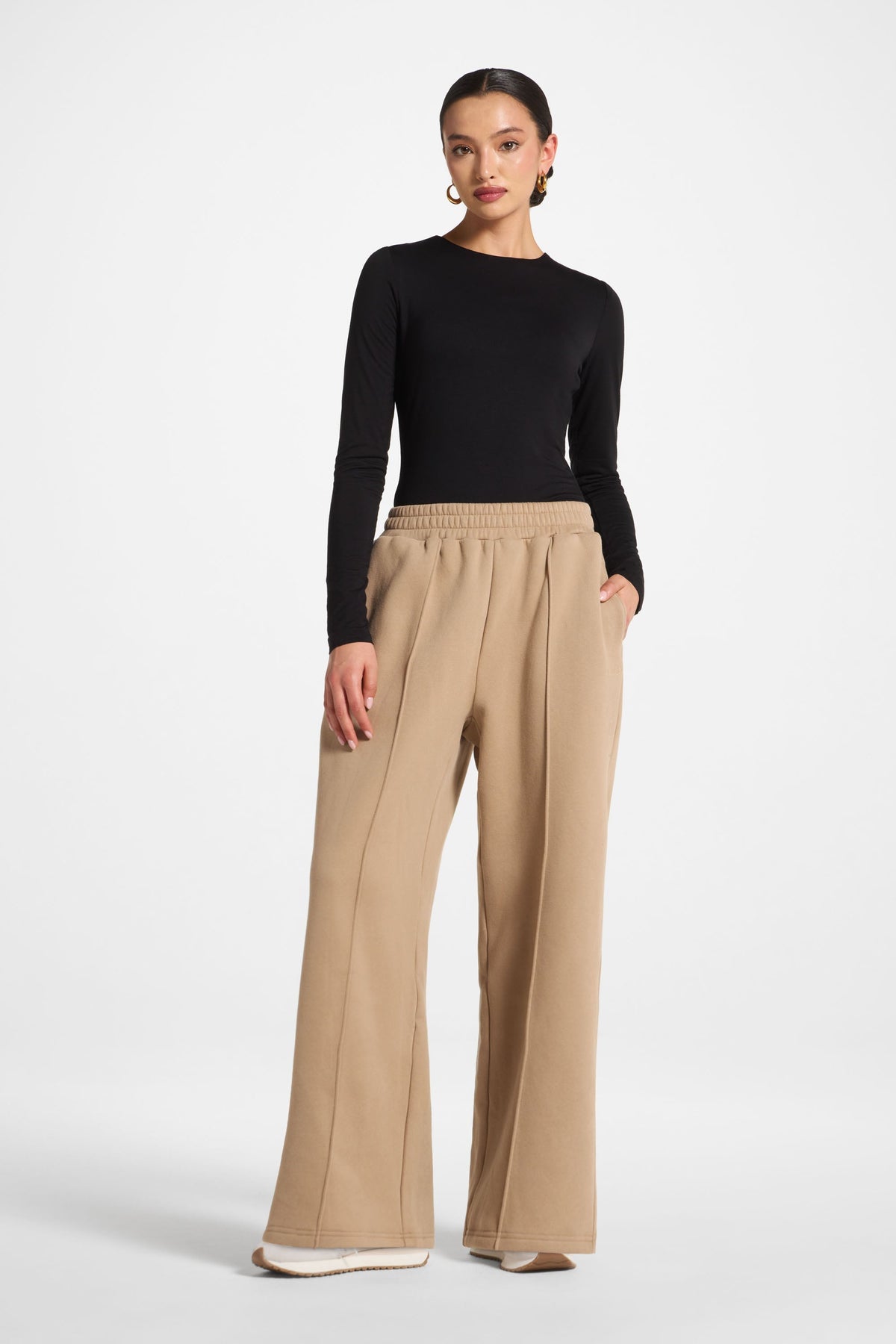 Cotton Pintuck Wide Leg Sweatpants - Mocha