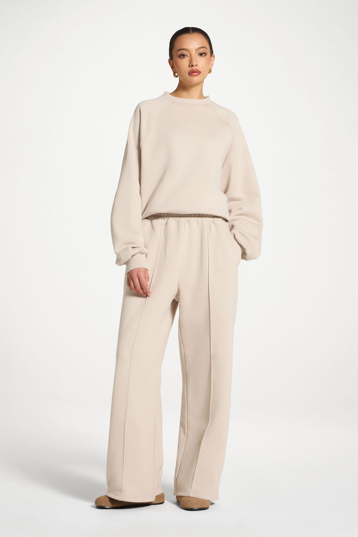 Cotton Pintuck Wide Leg Sweatpants - Stone