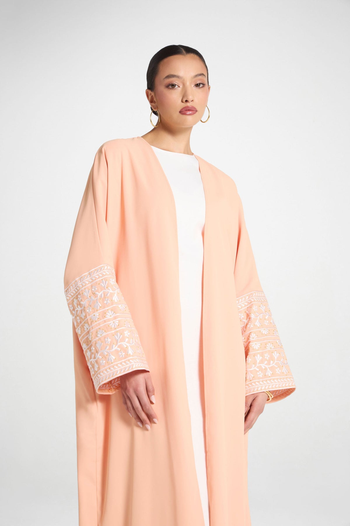 Dalal Embroidered Open Abaya - Peach
