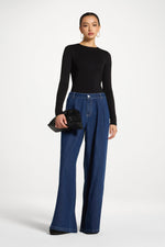 Denim Twin Pleat Pants - Dark Wash