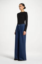 Denim Twin Pleat Pants - Dark Wash
