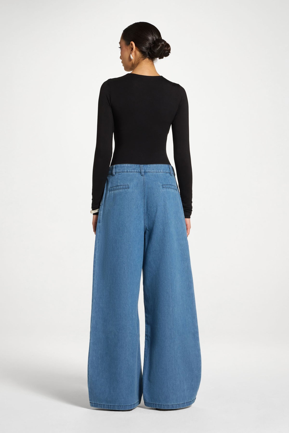 Denim Twin Pleat Pants - Mid Wash