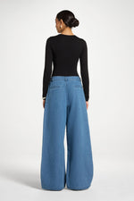 Denim Twin Pleat Pants - Mid Wash