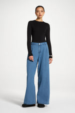 Denim Twin Pleat Pants - Mid Wash