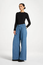 Denim Twin Pleat Pants - Mid Wash