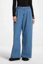 Denim Twin Pleat Pants - Mid Wash