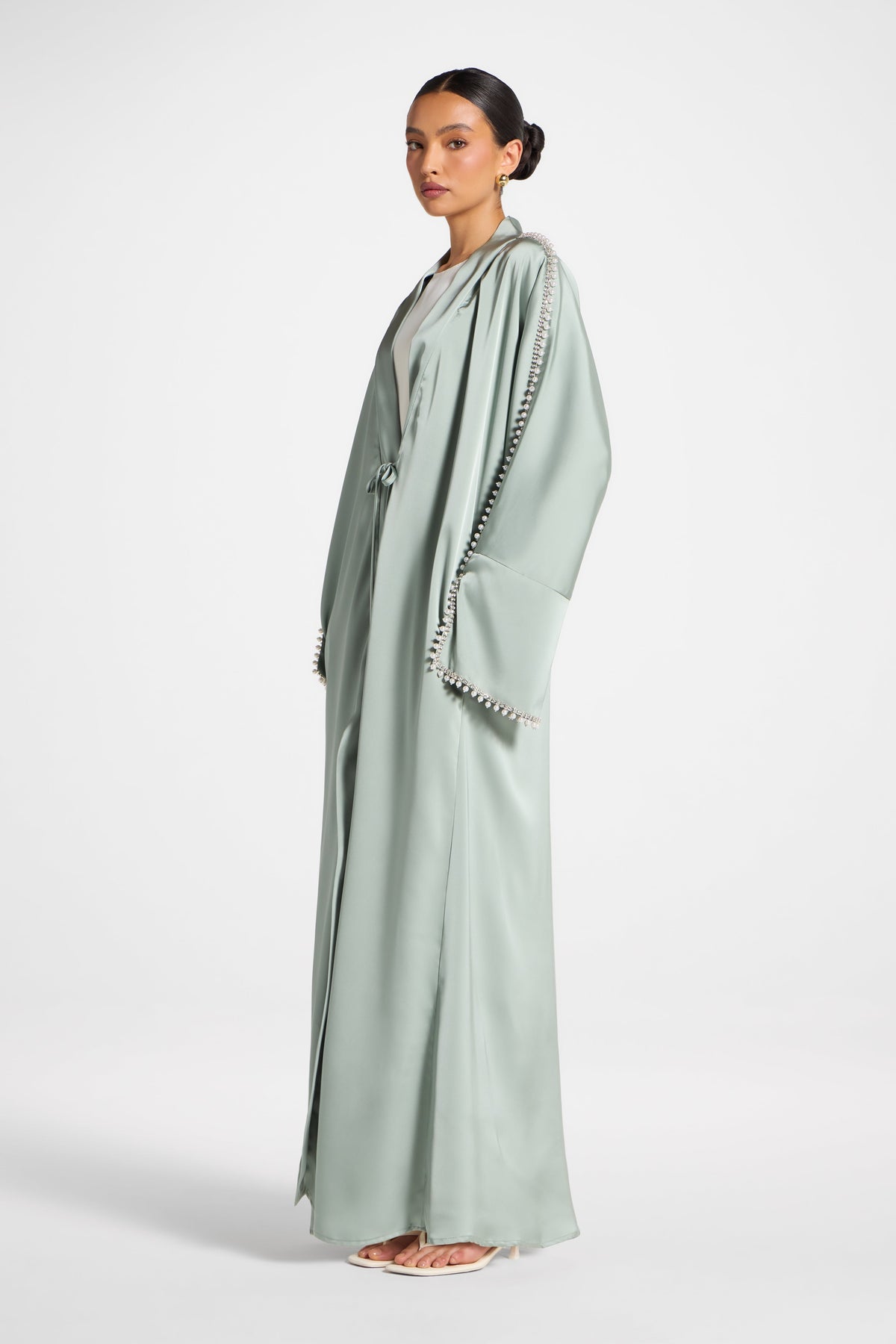 Embellished Open Abaya - Sage