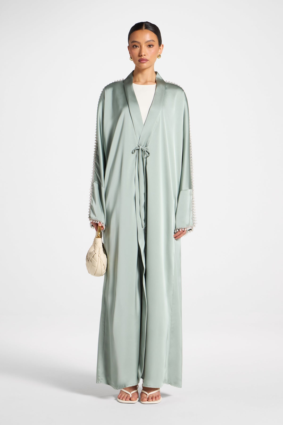 Embellished Open Abaya - Sage