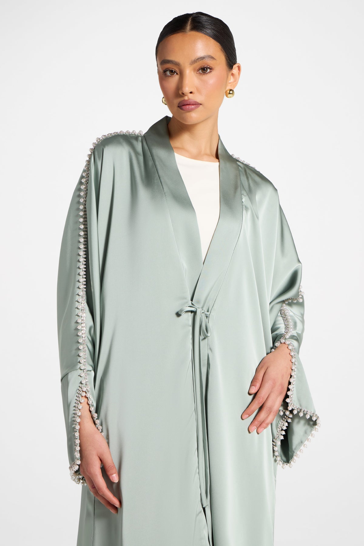 Embellished Open Abaya - Sage
