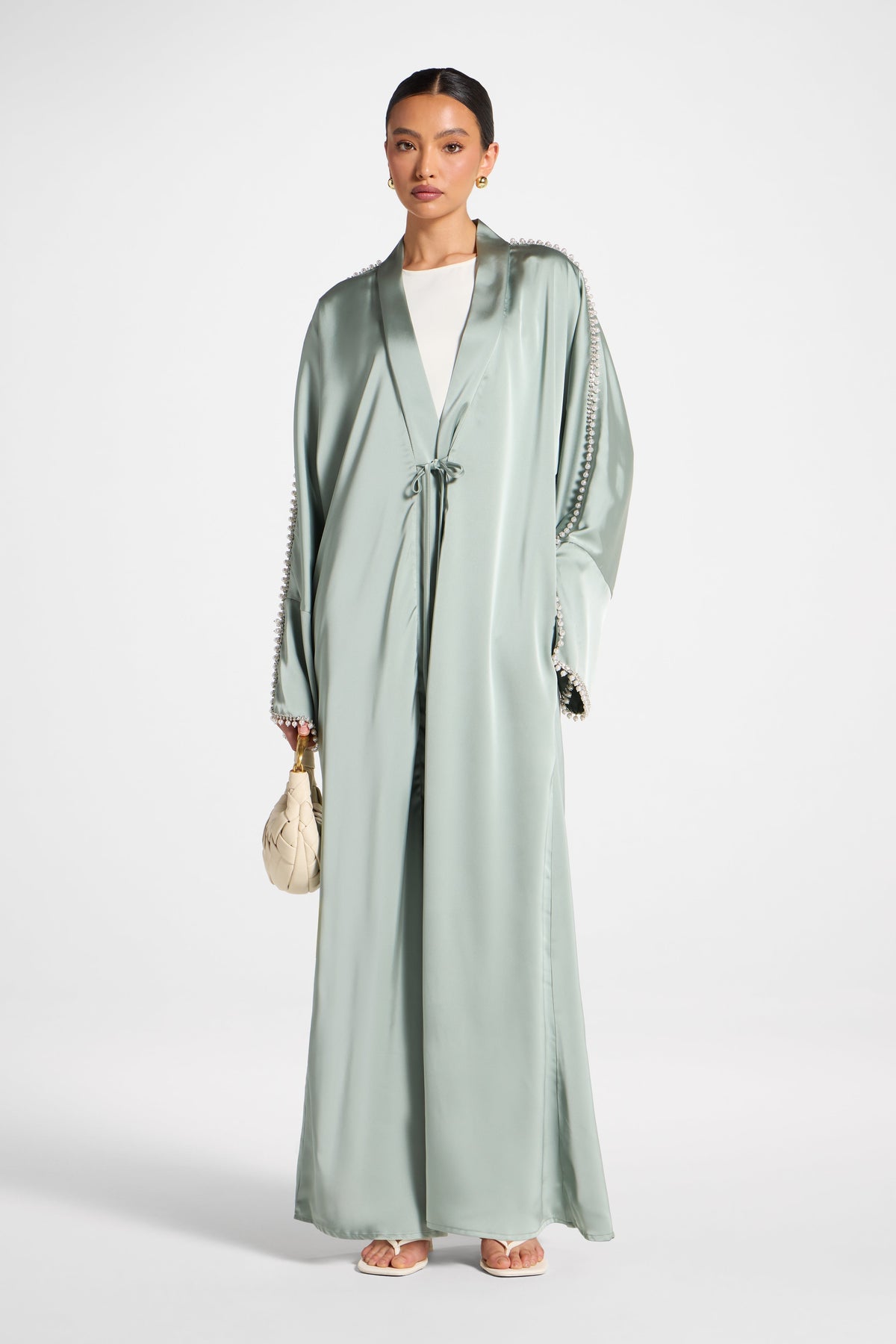 Embellished Open Abaya - Sage