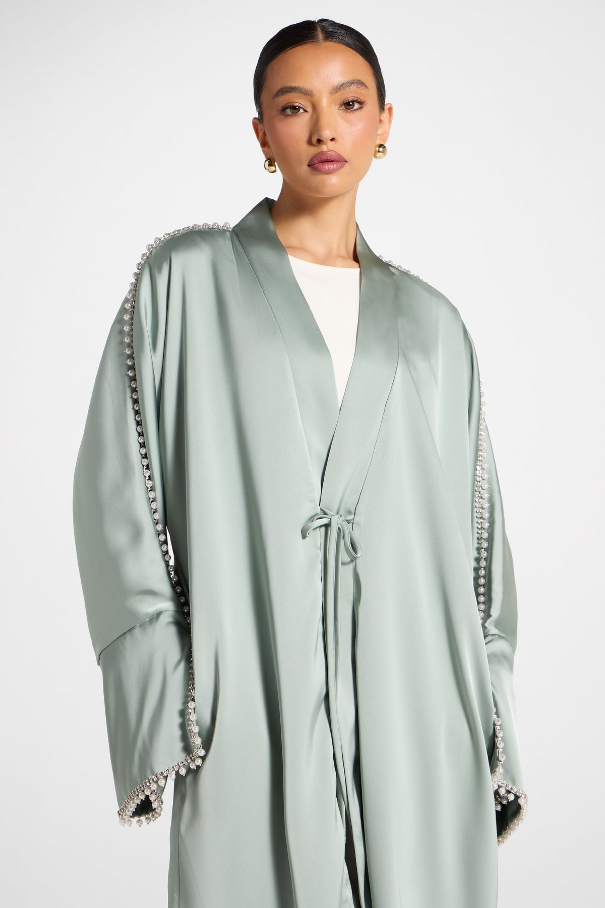 Embellished Open Abaya - Sage
